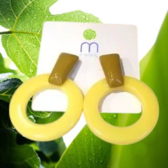 3 for $15 Two Tone Yellow & Olive Green Acrylic Dangle Earrings - Picture 1 of 3